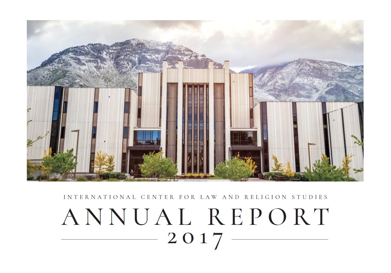 Cover of the 2017 Annual Report showing the BYU Law school with snowy mountains in the background.