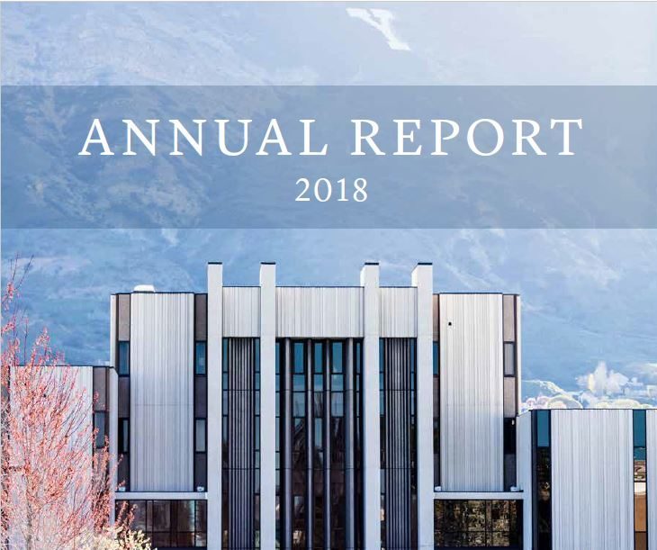 Cover image of the 2018 Annual Report showing the BYU Law School in spring.