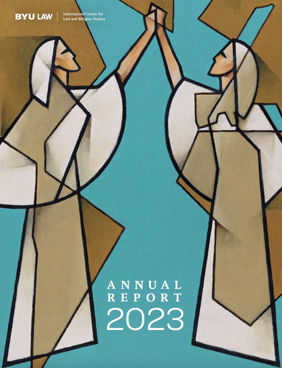 Cover of the 2023 Annual Report Showing two angels blowing trumpets. Artwork by Jorge Coco.